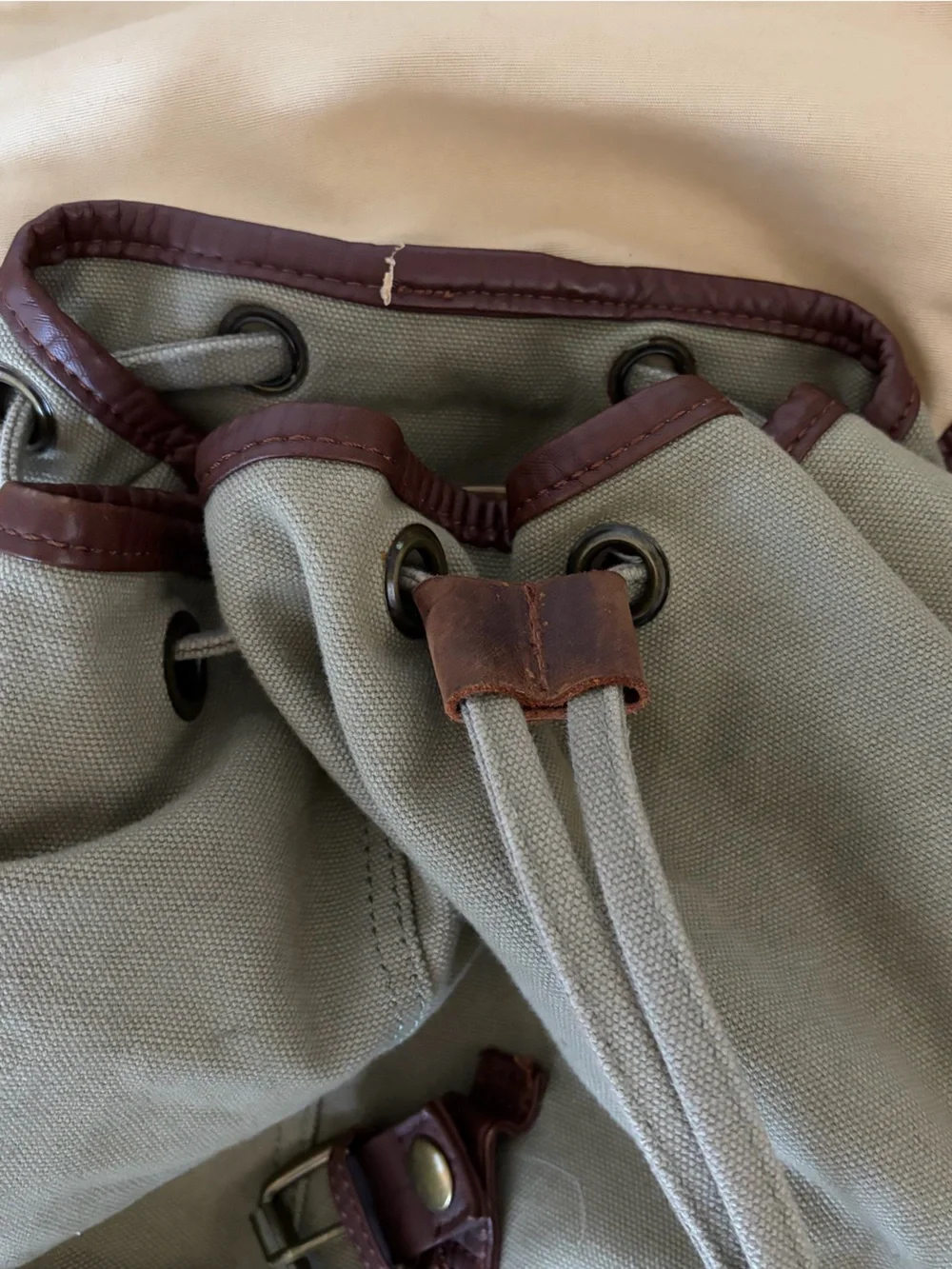 Serbags Washed Vintage-Looking Fashion Canvas Backpack Bag Leather Trim Beige